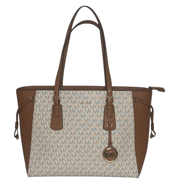 Michael Kors Handbags - Michael Kors Voyager Medium Tote Bag in Vanilla & Acorn Tablet Pocket Zipper Top